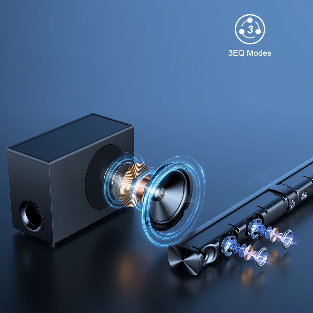 Barra de sonido con subwoofer, barra de sonido para Smart TV, con graves profundos, aumento de volumen y 3 modos de ecualizador, conexión inalámbrica/ARC/óptica/AUX, barra de sonido desmontable con control remoto por infrarrojos