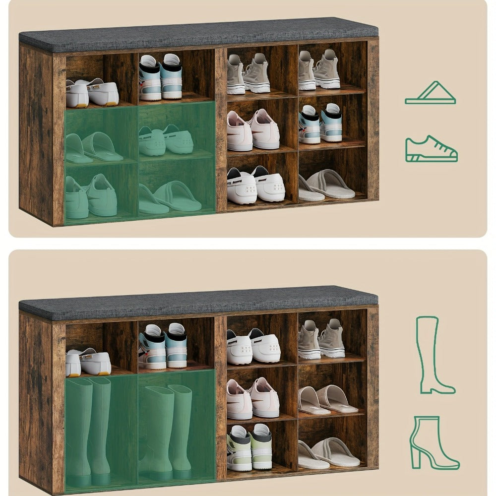 Banco para Zapatos, Estante con Asiento, Banco con Almacenamiento, Cojín, 12 Compartimentos, para Sala, Pasillo, Dormitorio, Blanco-Gris