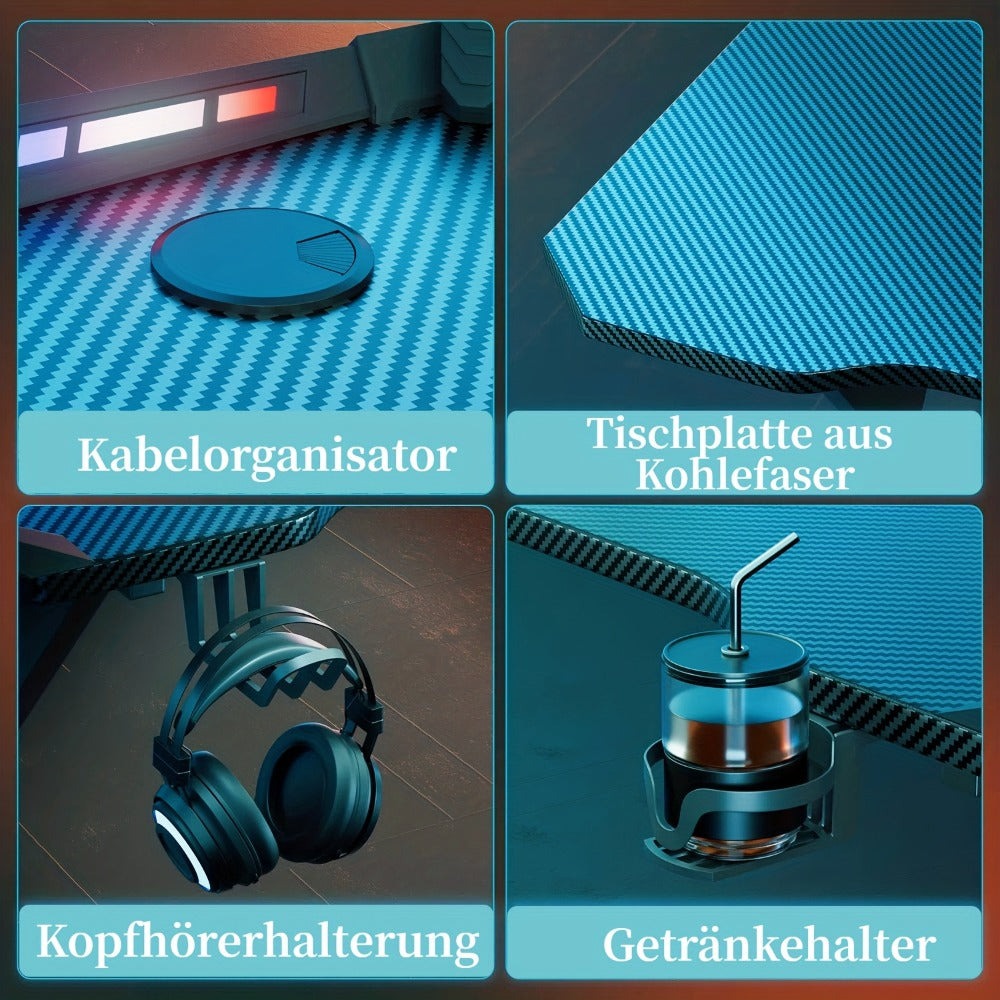 Escritorio de Oficina con Iluminación LED, 100 cm de Tamaño Extra Grande con Revestimiento de Fibra de Carbono, Escritorio para Hogar/Oficina y Gaming, con Portavasos y Soporte para Auriculares, , con Organizador de Cables, Ideal para Trabajadores Remotos
