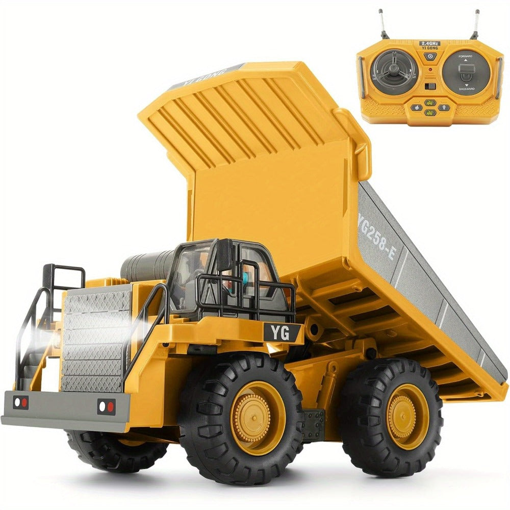 Camión volquete con control remoto, excavadora RC, vehículo de construcción para niños con 9 canales, cama de metal con luz, camión de basura eléctrico de juguete