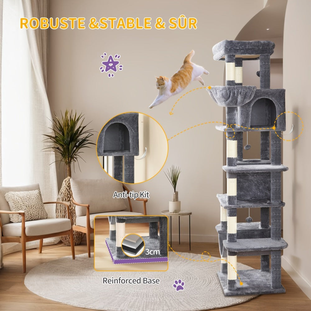 Torre para gatos de interior, 170 cm de alto, casa espaciosa de varios niveles con condominio, 8 postes para rascar, una hamaca y 4 pompones