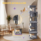 Torre para gatos de interior, 170 cm de alto, casa espaciosa de varios niveles con condominio, 8 postes para rascar, una hamaca y 4 pompones