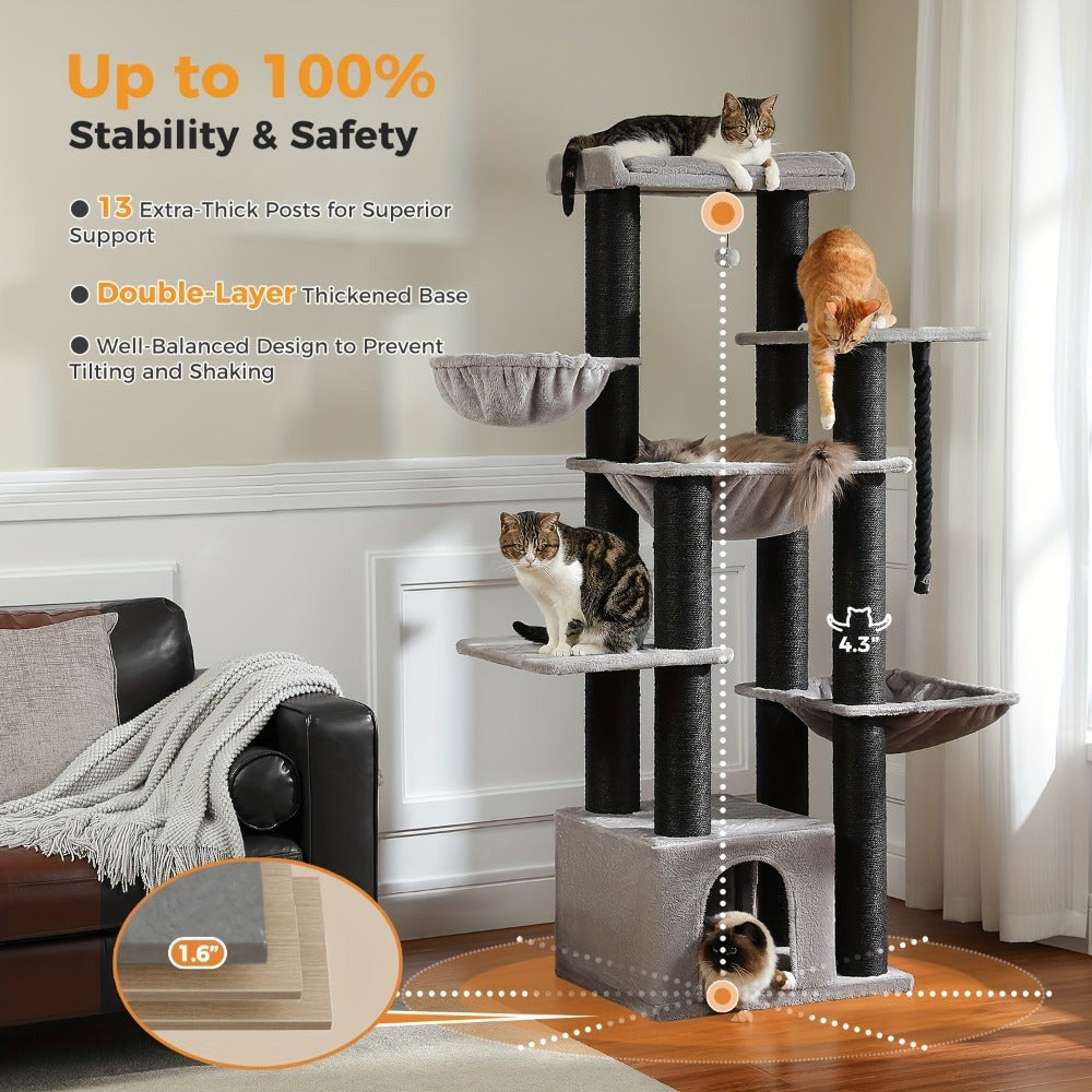Árbol para Gatos Grande - Torre para Gatos de 170 cm de Altura para Gatos Adultos de Interior con 13 Postes de Rascado Negros Gruesos (10.9 cm), Condominio para Gatos de Múltiples Niveles, Plataforma Súper Grande y Hamacas para Maine Coon de 9 kg