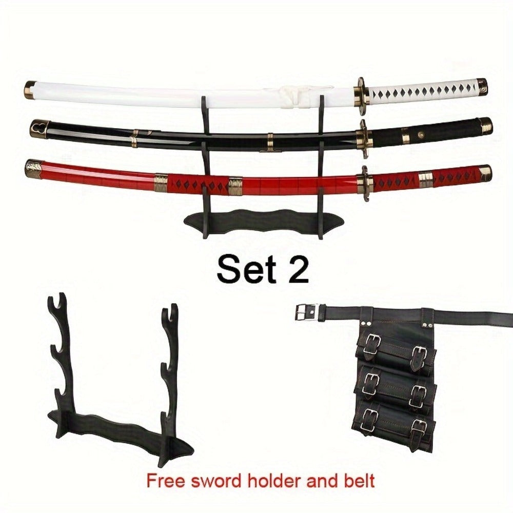 3 Piezas Set de Espadas Anime, Hoja de Bambú Segura No Afilada, Accesorio de Cosplay, Katana Espada Samurái, Regalo de Halloween y Navidad, Cinturón y Soporte para Espada