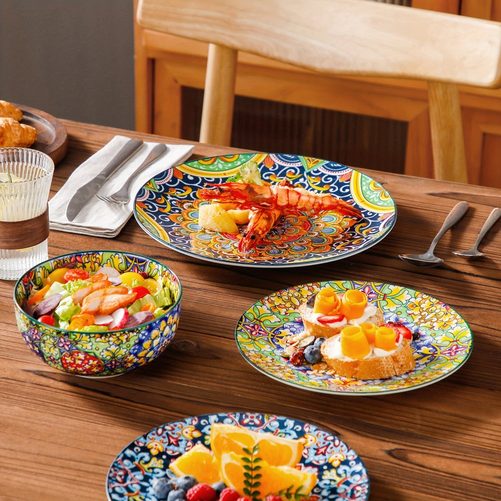 Juego de vajilla de estilo bohemio de 24 piezas, patrón de doble cara, juego de porcelana con platos, platos de postre, tazones para cereales, tazón para pasta, servicio para 6 personas
