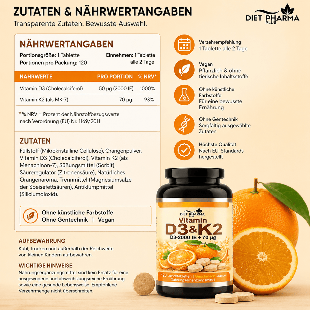 Tabletas masticables de Vitamina D3 + K2 – 120 tabletas – Sabor naranja – Suplemento alimenticio con Vitamina D3 y Vitamina K2 – Tabletas fáciles de masticar para adultos