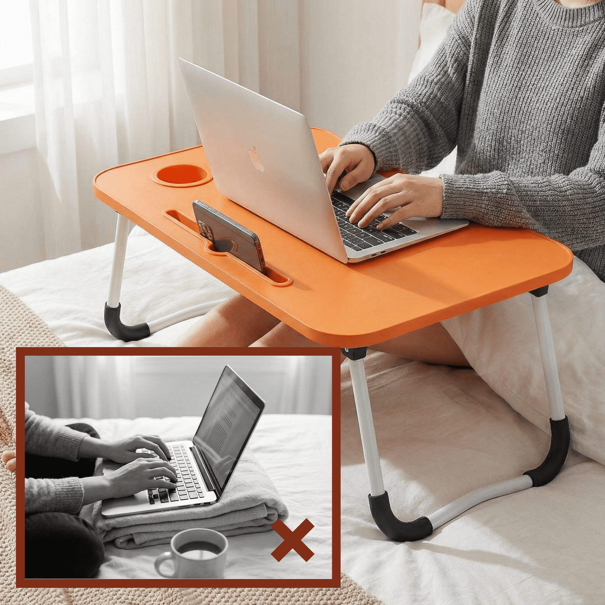 Mesa plegable para cama y sofá con portavasos, mesa auxiliar multifunción con atril para leer en la cama, bandeja multifunción para ordenador, libros, trabajo y estudio en casa (50x30x22cm)