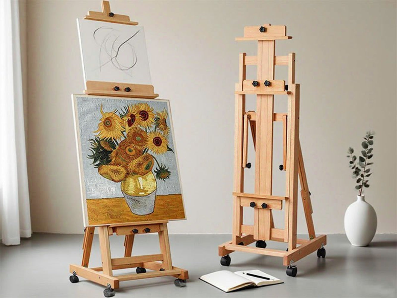 Caballete de gran tamaño de alta resistencia con estructura en H para adultos - Soporte de artista plegable con ruedas y altura ajustable con base de madera, sostiene 1 o 2 lienzos de hasta 240 cm, caballete de pintura portátil para estudio, exhibición al