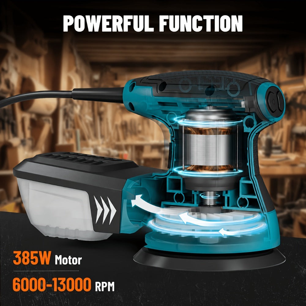 Lijadora orbital aleatoria de 385 W, 6 velocidades ajustables, 13000 RPM, 12 lijas, disco de 125 mm, extracción de polvo, ideal para madera y superficies