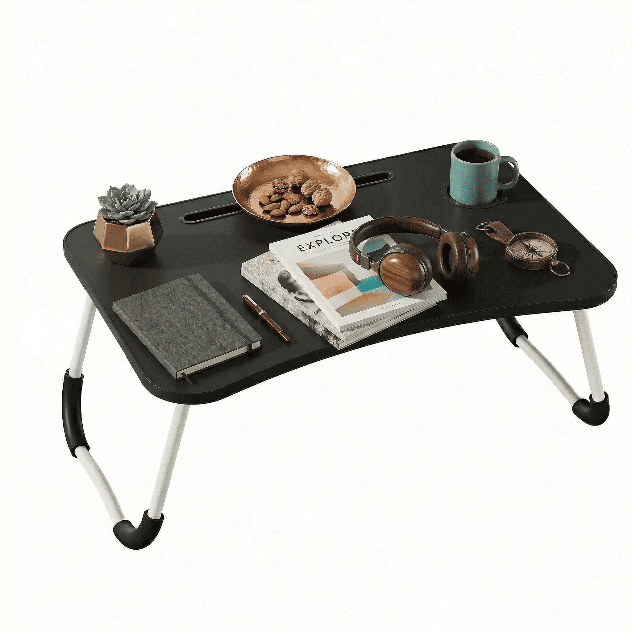 Mesa plegable para cama y sofá con portavasos, mesa auxiliar multifunción con atril para leer en la cama, bandeja multifunción para ordenador, libros, trabajo y estudio en casa (50x30x22cm)