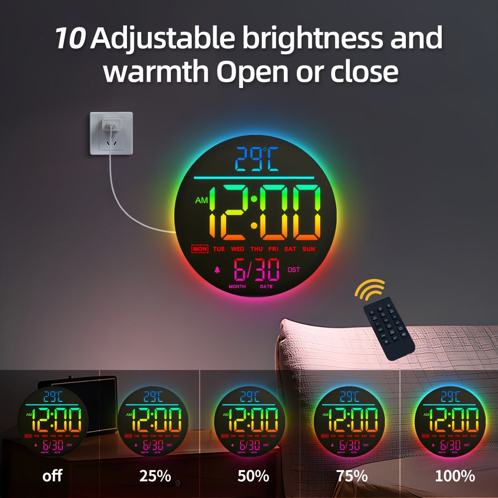 Reloj de pared digital grande de 25.4cm | Con pantalla LED grande, temporizador de cuenta regresiva de alarma, color RGB, DST automático, batería de respaldo preestablecida, control remoto, brillo de 5 niveles, campana musical, marco de plástico espejado