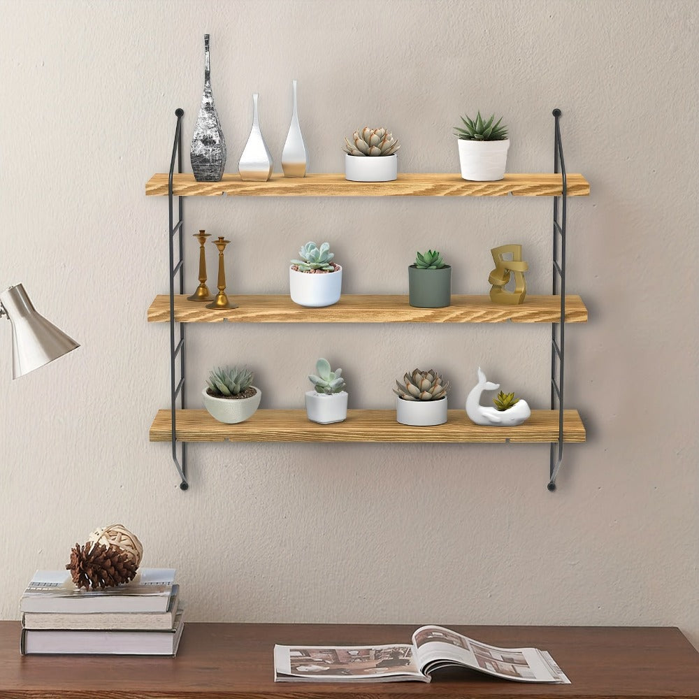 Estante Flotante de Pared, Unidad de 3 Niveles, Estantes Flotantes Rústicos para Cocina, Almacenamiento de Pared Ajustable, Estanterías Montadas en Pared para Libros, Plantas, Madera y Metal, Estantes de Exhibición para Sala, Dormitorio, Cocina, Estantes