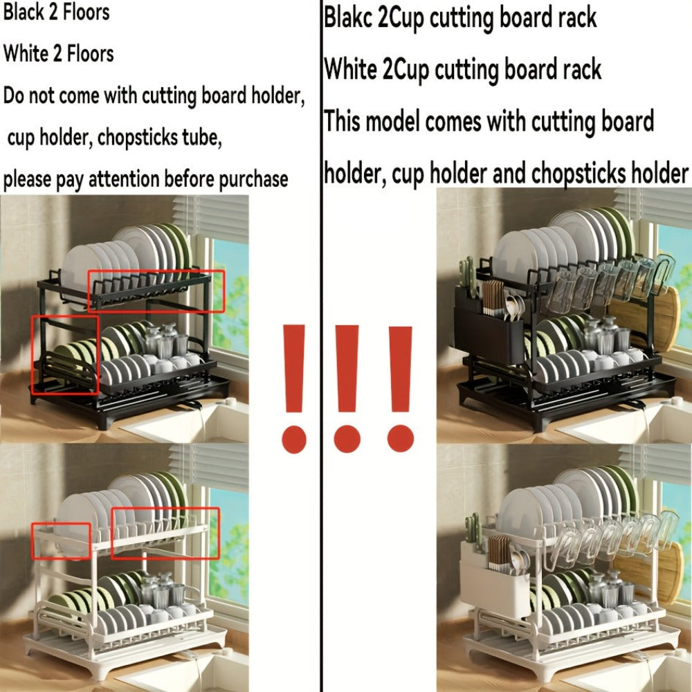Juego de escurridor de platos de 2 niveles con bandeja de goteo - Espera de metal grande para platos con desagüe, soporte para vasos, soporte para cubiertos y sistema de desagüe adicional - Accesorios de cocina para secado y organización eficiente de plat