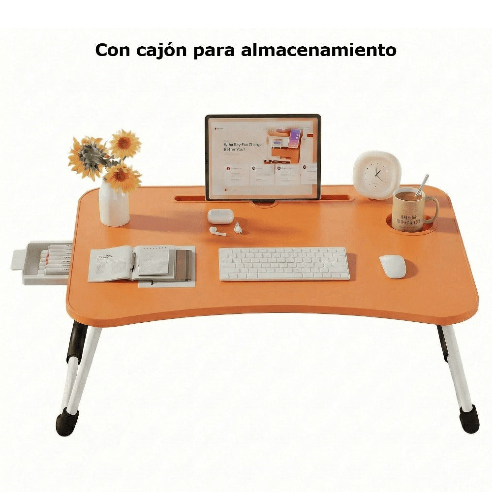 Mesa plegable multifunción para cama y sofá con portavasos, 60×40×28 cm, mesa auxiliar con atril para leer en la cama, bandeja multifunción para ordenador, libros, trabajo y estudio en casa (con cajón / sin cajón)
