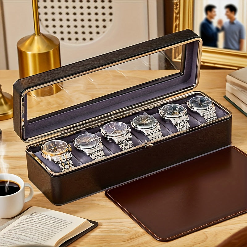 Caja de almacenamiento de relojes de lujo con 6 compartimentos y tapa transparente - Espacio de almacenamiento espacioso, adecuada para relojes mecánicos y de cuarzo para hombres y mujeres, diseño portátil para uso doméstico o de viaje, solución de almace