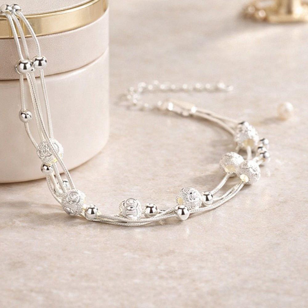 Pulsera plateada 925 para mujer, pulsera de bolas con diseño de múltiples filas, pulsera plateada ajustable para mujer, elegante regalo de joyería
