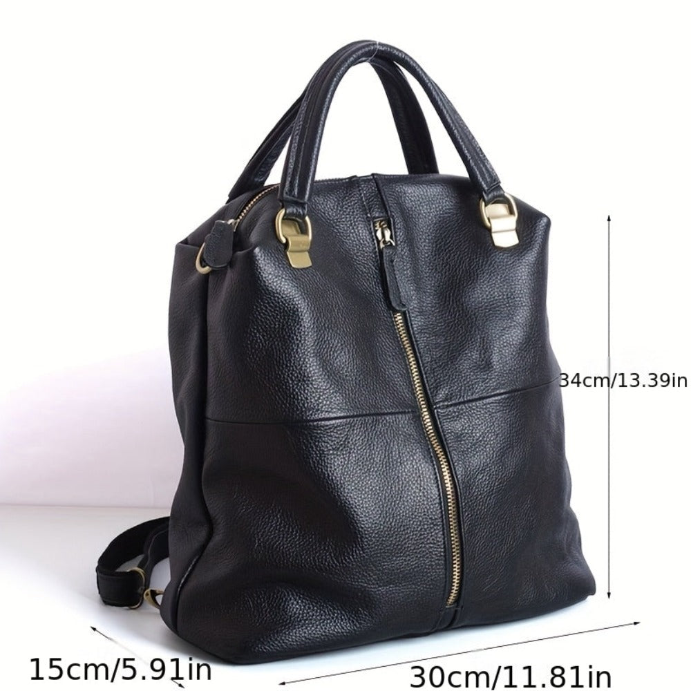 Mochila de cuero genuino para mujer - Diseño elegante y minimalista con herrajes dorados, compartimentos grandes con cremallera y correa de hombro ajustable, versátil para trabajo, viajes y uso diario, bolso de mano de lujo con forro acolchado