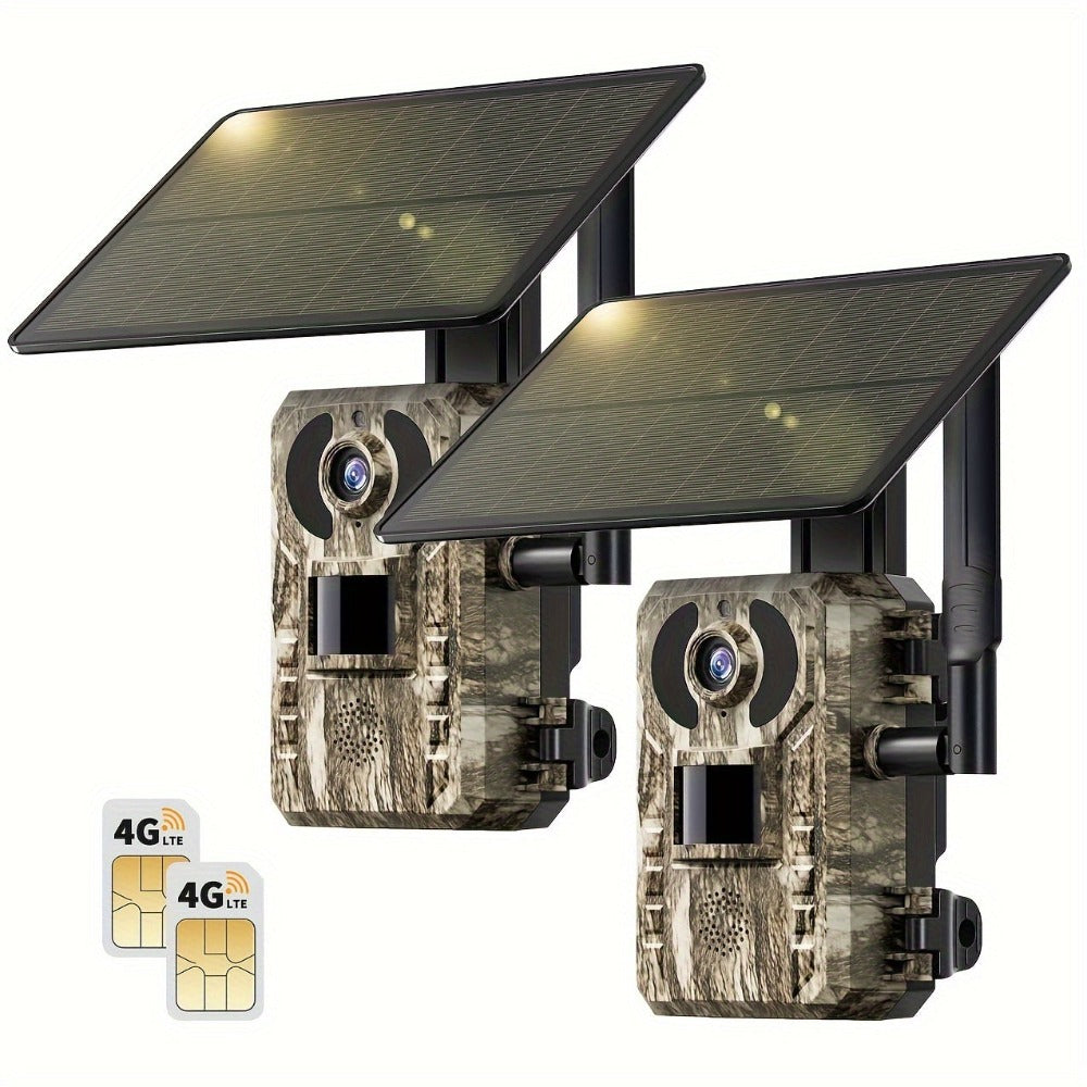 Paquete de 2 cámaras de rastro inteligentes celulares 4G LTE / Paquete de 1 cámara 4G, con transmisión en vivo 2K, tarjeta SIM incorporada, acceso remoto por aplicación, reproducción de grabación, activación por movimiento y tiempo de disparo de 0.2S, vis