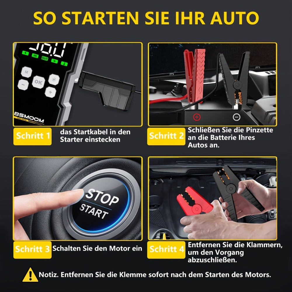 Inflador de neumáticos y arrancador de coche con compresor de aire, impulsor de batería de 8000A, power bank y luces LED. Esta caja de arranque automático de 12V es adecuada para todos los vehículos de gasolina o diésel de 10.0L y viene con una funda de t