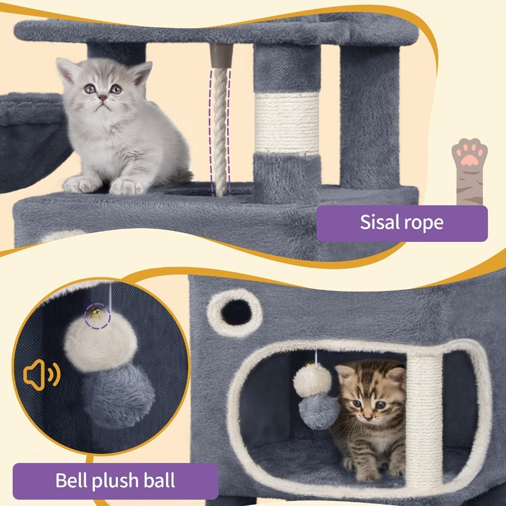 Árbol para Gatos, 159 cm con 8 Postes para Rascar, 3 Plataformas, 2 Cuevas, Cesta, Pelotas de Peluche, Cuerda de Sisal, Adecuado para Gatos de Varios Tamaños, Gris Oscuro
