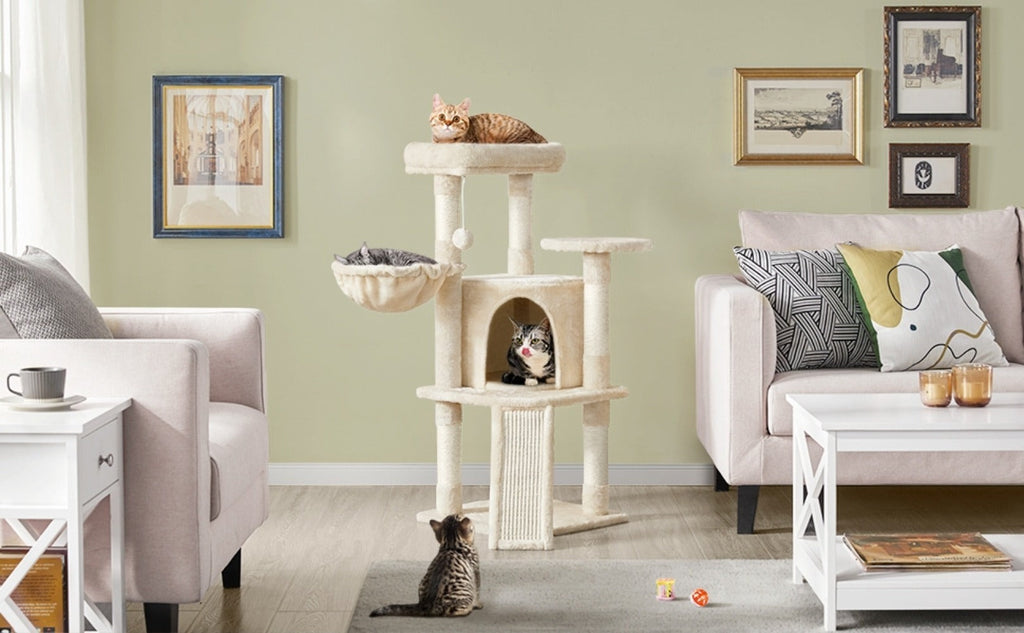 Costoffs Árbol para gatos de 107 cm con plataforma de observación, cueva para gatos, 5 postes de sisal, cueva de descanso, rascador y bola de felpa colgante, mueble para gatos