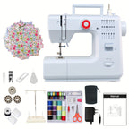 Máquina de coser 618, Mini máquina de coser eléctrica de 20 puntadas, máquina de coser eléctrica multifuncional para el hogar con pedal para principiantes con kit de costura de 42 piezas + 25 piezas de patchwork + soporte de hilo, enchufe europeo