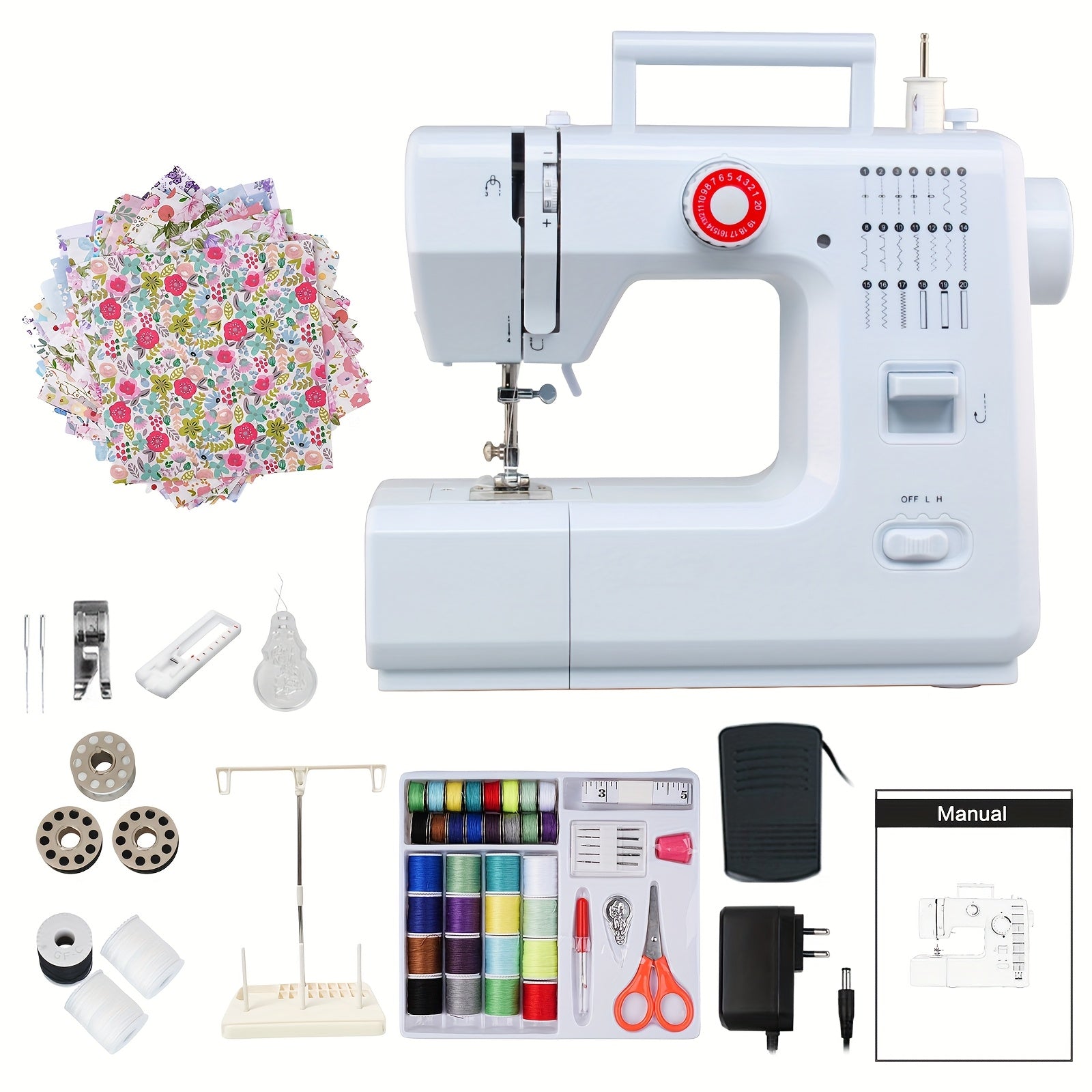 Máquina de coser 618, Mini máquina de coser eléctrica de 20 puntadas, máquina de coser eléctrica multifuncional para el hogar con pedal para principiantes con kit de costura de 42 piezas + 25 piezas de patchwork + soporte de hilo, enchufe europeo