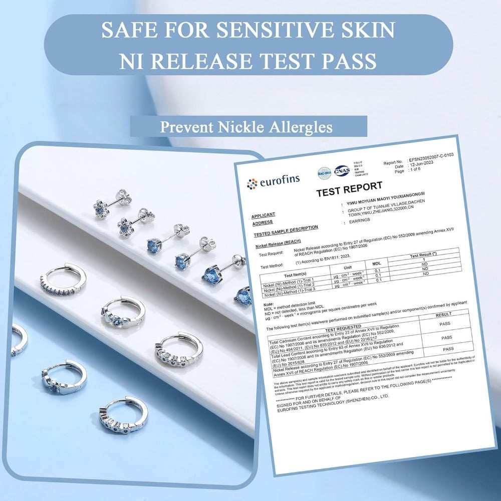 Set de 6 pares de aretes pequeños para mujer, pin de plata 925 hipoalergénico, aretes de cartílago tipo sleeper, aretes de flor, aretes de corazón, aretes de aro, set de aretes rosas, morados y azules para mujer