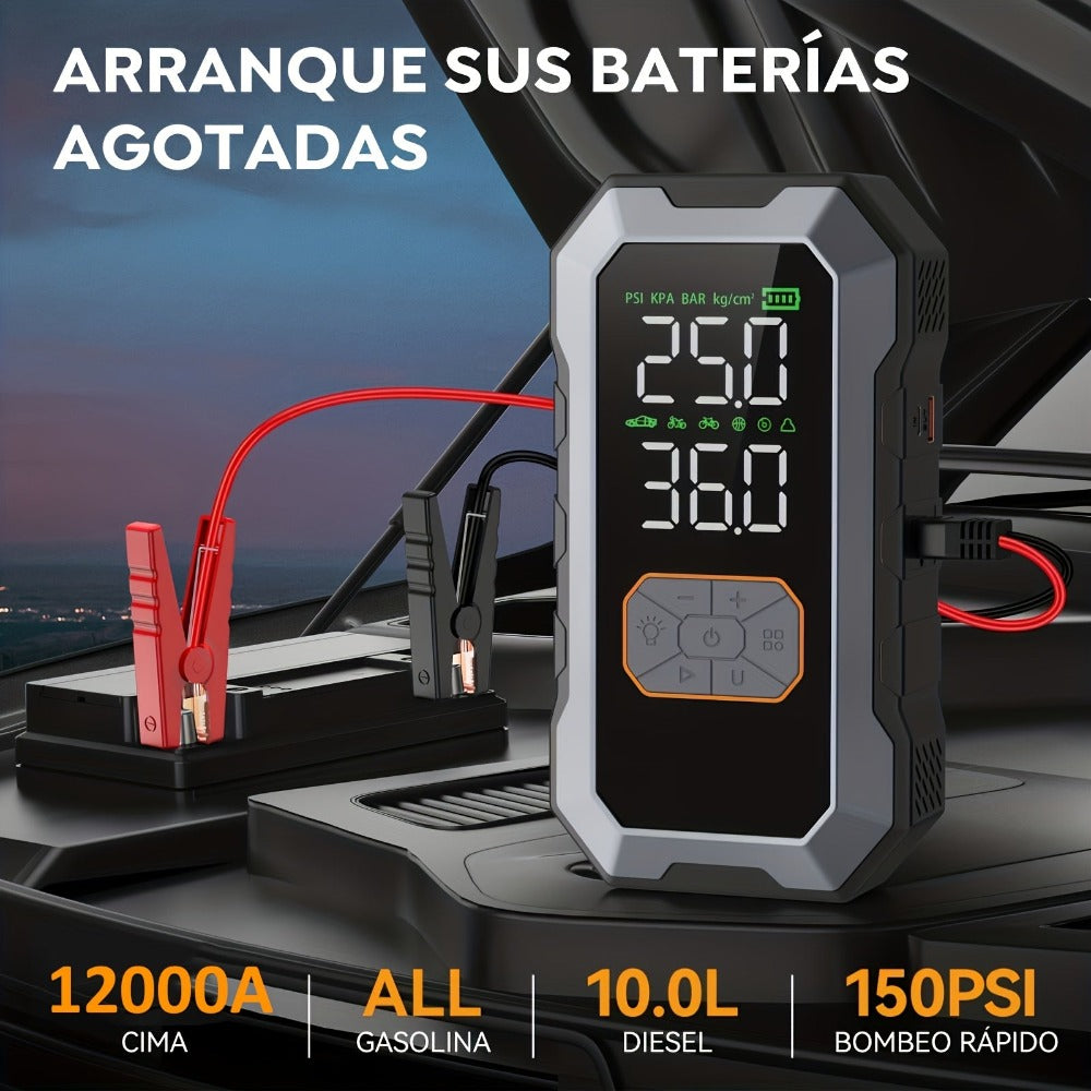 Arrancador de Coche 12000A con Compresor de Aire Inflador de Neumáticos Inalámbrico, Booster de Batería de 25000mAh con Pack de Batería Externa y Linternas LED, Caja de Arranque Automático de 12V para Todos los Vehículos de Gasolina o Diésel de 10.0L, Pan