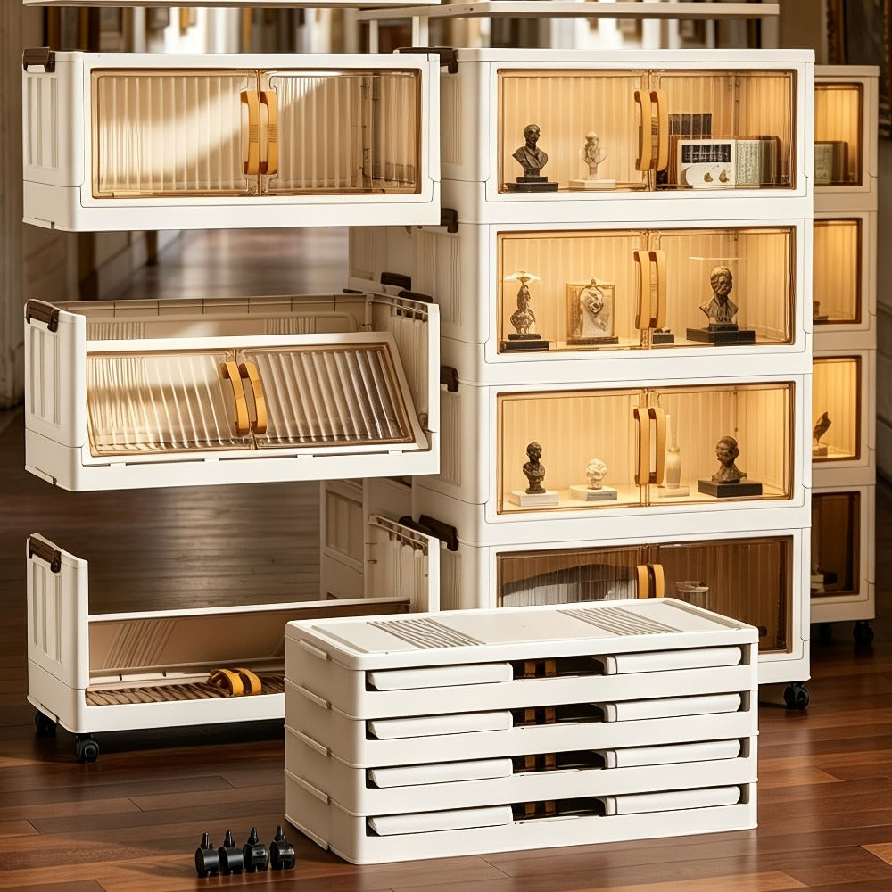 Gabinete de almacenamiento de arte, gabinete de almacenamiento de manualidades, gabinete de almacenamiento de arte con ruedas de 3/4/5 niveles, , plegable, apilable, con puerta transparente y manija dorada, gabinete organizador de manualidades, unidad de