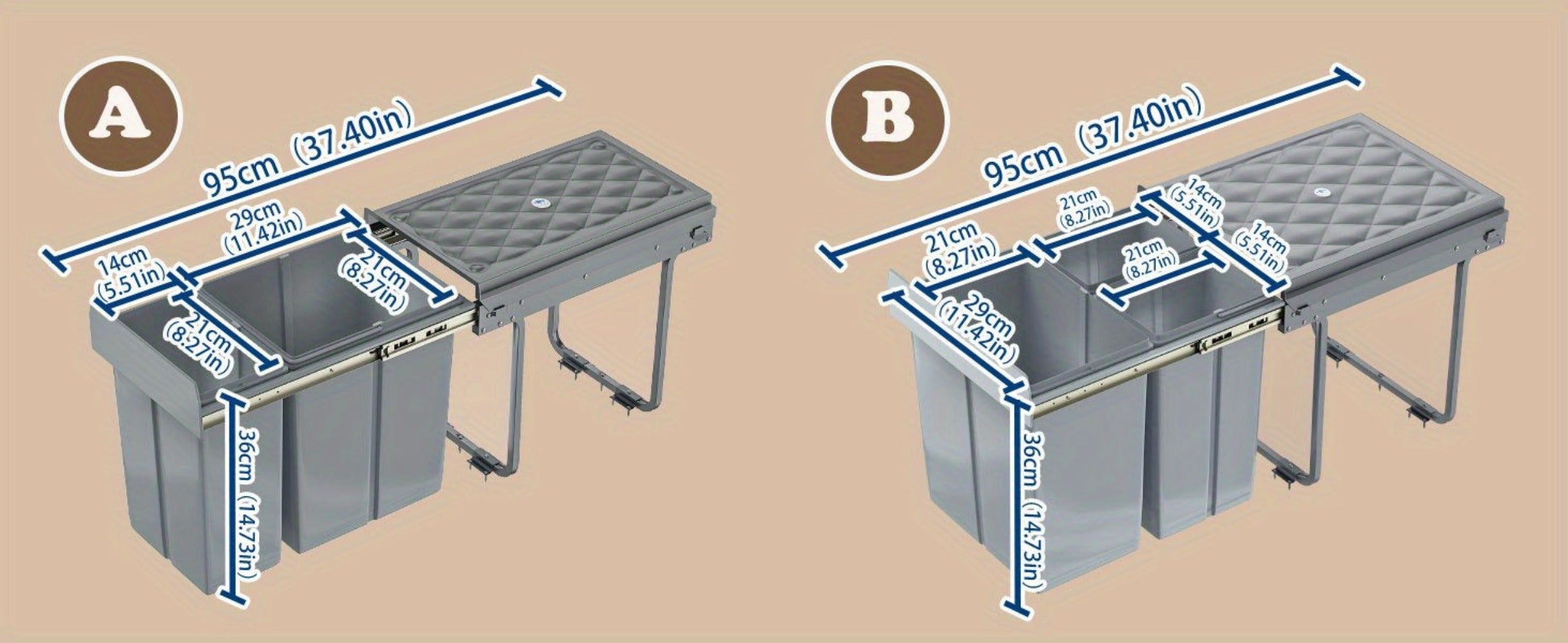 Cubo de Basura Empotrado Debajo del Gabinete, Contenedor de Residuos de Cocina, Recogedor de Basura Extensible, Sistema de Separación de Residuos con Rieles Telescópicos, Gris