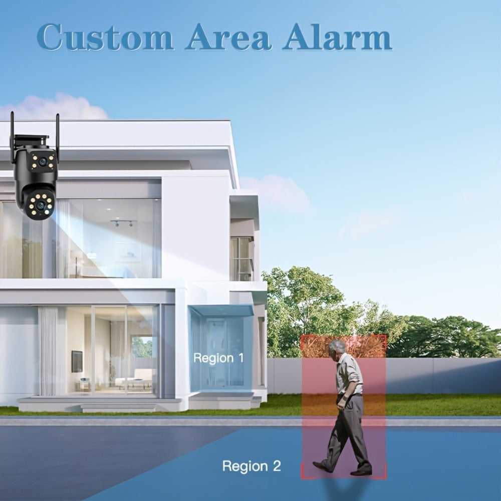 Cámara de seguridad PTZ para exterior de 1080P con enlace de doble lente, cámara inalámbrica, vista de 360°, seguimiento automático, detección humana, alarma de luz, visión nocturna en color, WiFi 2.4G, grabación 24/7, audio bidireccional