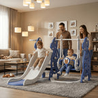Tobogán infantil 4 en 1, tobogán con columpio y canasta de baloncesto, longitud del tobogán 145 cm, parque infantil multifuncional, para uso en interiores y exteriores, con peldaños y soportes extra anchos