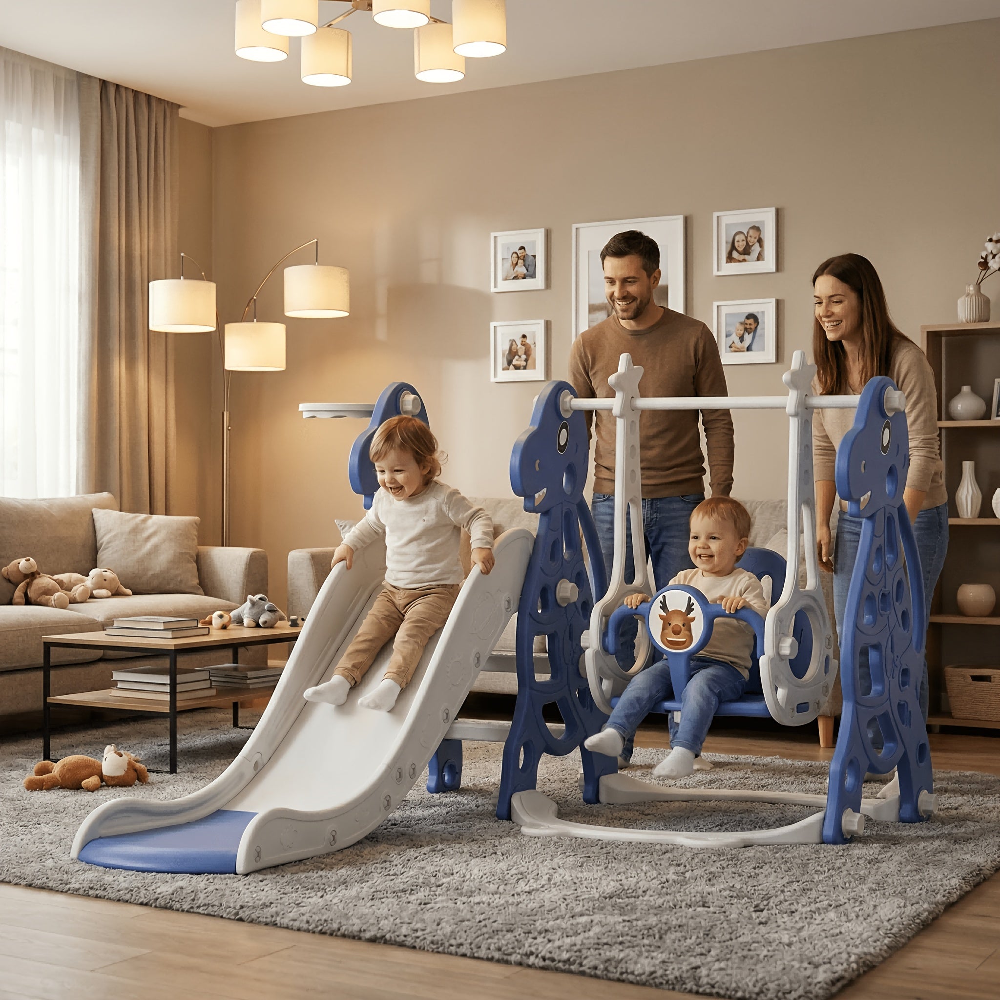 Tobogán infantil 4 en 1, tobogán con columpio y canasta de baloncesto, longitud del tobogán 145 cm, parque infantil multifuncional, para uso en interiores y exteriores, con peldaños y soportes extra anchos