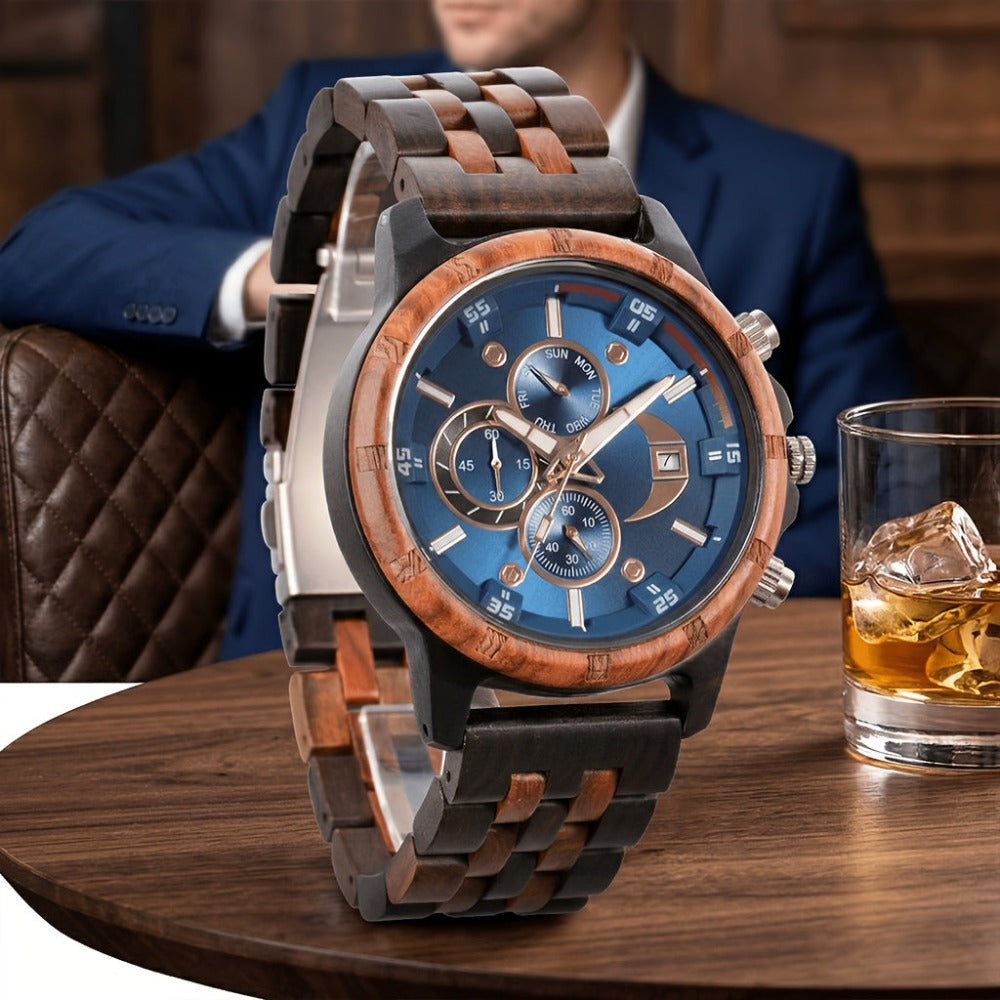 Relojes de Pulsera de Madera para Hombres, Relojes de Cuarzo de Moda con Fecha, Semana y Hora, Caja de Madera para Él