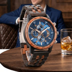 Relojes de Pulsera de Madera para Hombres, Relojes de Cuarzo de Moda con Fecha, Semana y Hora, Caja de Madera para Él