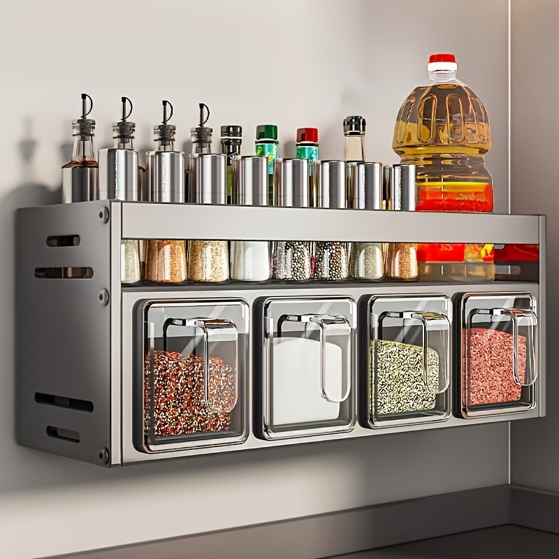 Organizador de especias de pared de 1 pieza con estantes colgantes y frascos para especias - Instalación sin taladro, sistema de almacenamiento de cocina de acero inoxidable que ahorra espacio, adecuado para especias, hierbas, aceites, salsas, organizació