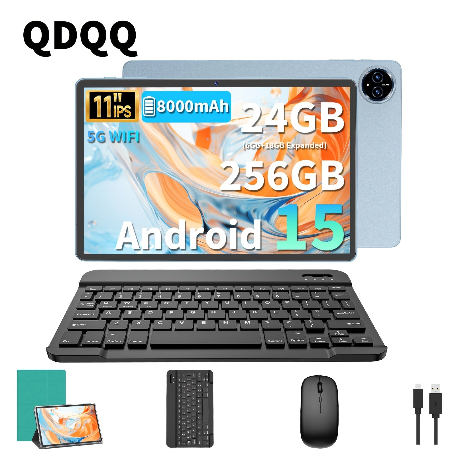 Tablet | Tablet QDDQ 2026 Android 15, 11 pulgadas, 256GB de almacenamiento, 24GB (6GB+18GB Expandido) de RAM, 8000Mah, Tablet 2-en-1 con Teclado