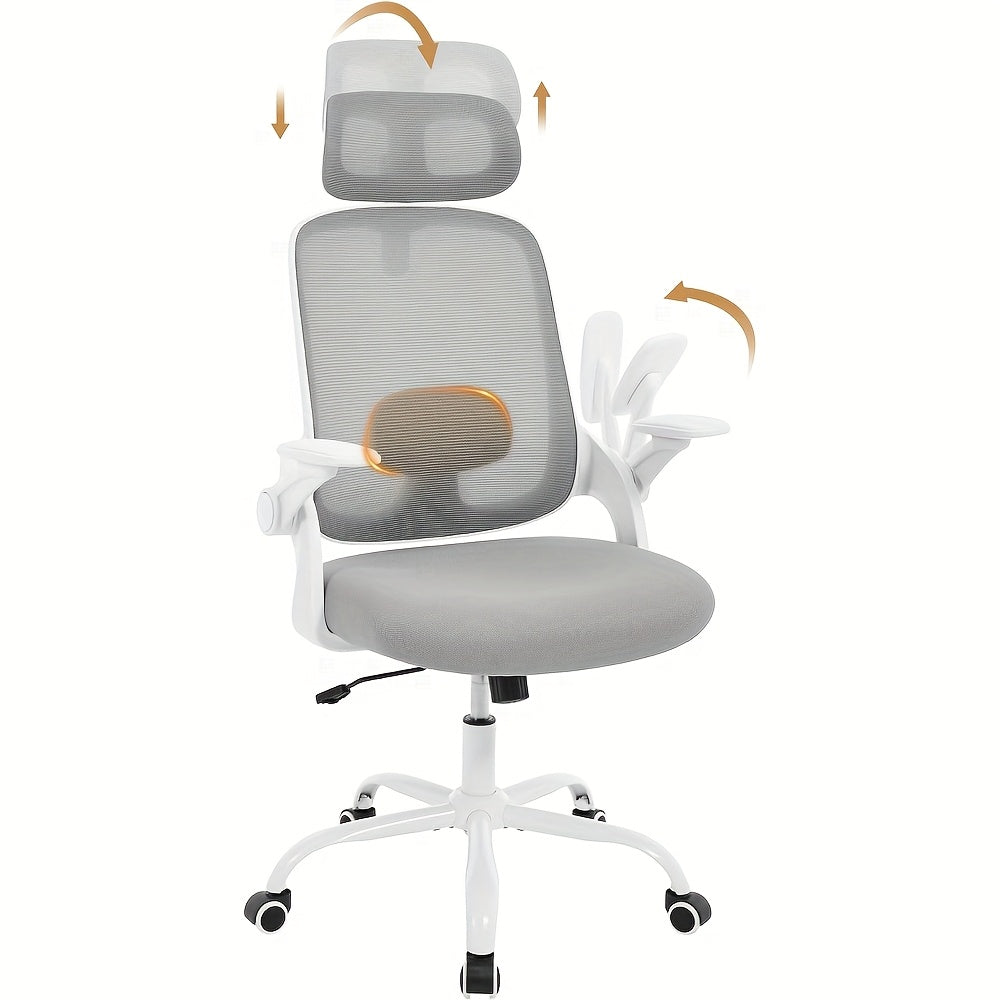 Silla de oficina ergonómica, silla de escritorio con reposacabezas ajustable, soporte lumbar, función de balanceo, reposabrazos plegables, silla para oficina en casa, silla de trabajo