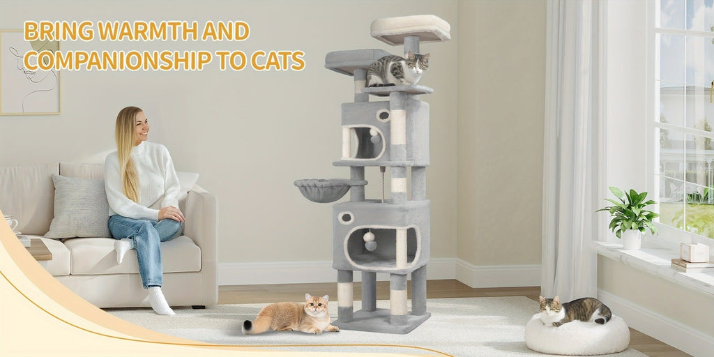 Árbol para gatos de 159 cm con 8 rascadores, 3 plataformas, 2 cuevas, cesta, pelotas de felpa, cuerda de sisal, adecuado para gatos de varios tamaños, gris claro/gris oscuro