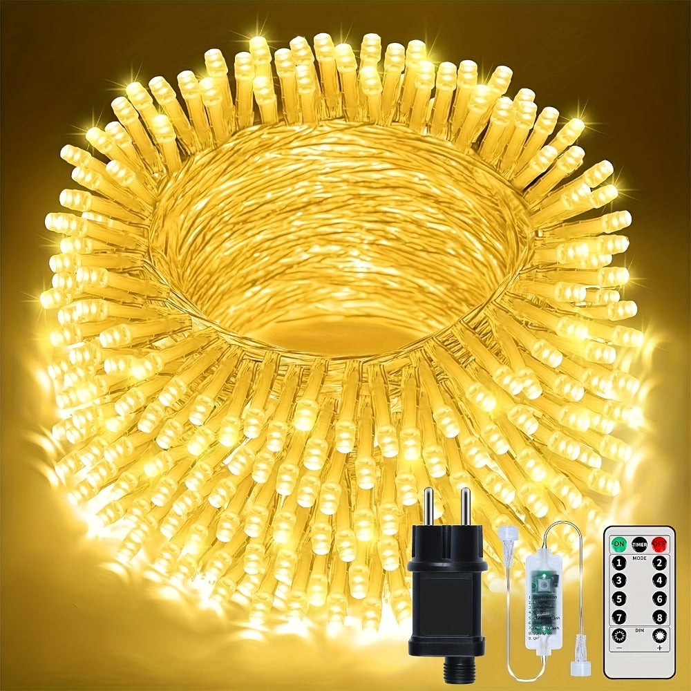 Guirnaldas de luces de hadas para exterior de 60+3 m, 700 LED de luz cálida con 8 modos, control remoto, temporizador y función de memoria, aptas para exterior e interior, bodas, fiestas