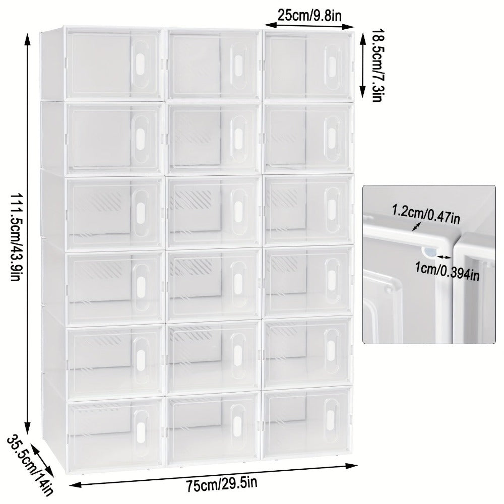1pc Zapatero, con 18 Cajas Apilables para Zapatos, Sistema de Estantes para Zapatero con Cierre Magnético, Estante de Plástico DIY, 25x19x35cm, Blanco Transparente