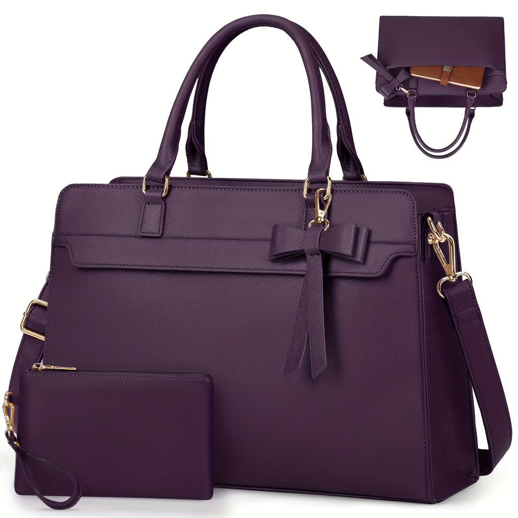 RAINSMORE Bolso de Mano para Mujer Bolso de Compras para Mujer Bolso Grande de 39.62 cm para Laptop Bolso de Trabajo de Cuero para Mujer Bolso de Hombro con Cartera Juego de Dos Piezas para Oficina de Negocios Escuela