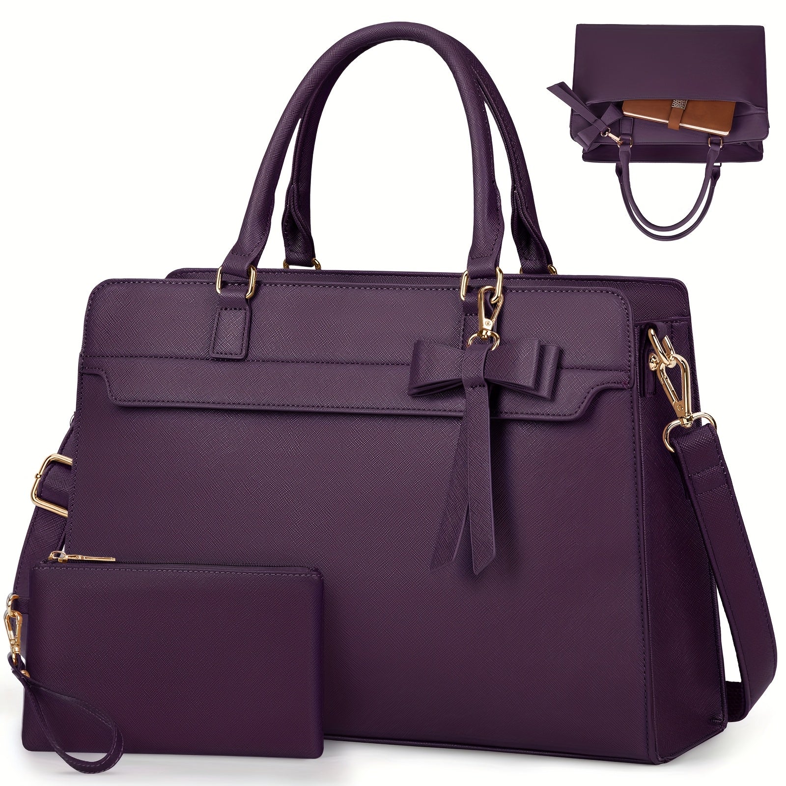 RAINSMORE Bolso de Mano para Mujer Bolso de Compras para Mujer Bolso Grande de 39.62 cm para Laptop Bolso de Trabajo de Cuero para Mujer Bolso de Hombro con Cartera Juego de Dos Piezas para Oficina de Negocios Escuela