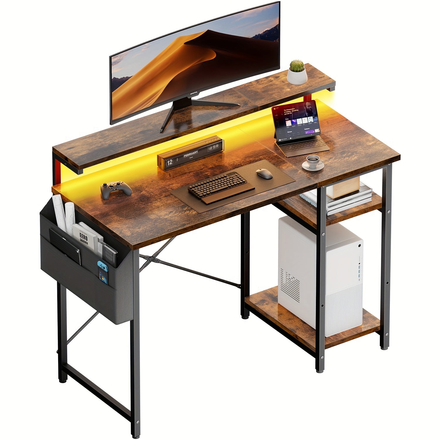 Escritorio FRODROVIA con Luz LED y Estante Ajustable en Altura, Escritorio para Oficina en Casa con Soporte para Monitor, Escritorio de Esquina con Bolsa de Almacenamiento Grande para Oficina en Casa, Estudio, Regalos de Navidad/Acción de Gracias