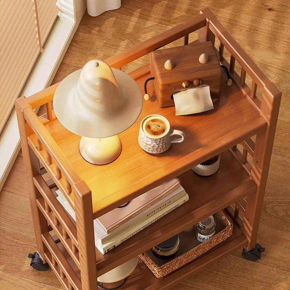 Carrito de madera de tres niveles, estante de almacenamiento con valla, carrito de cocina móvil con ruedas omnidireccionales, fácil de limpiar, adecuado para baños, dormitorios y estantes de sala de estar, estante de pie, estante de pie