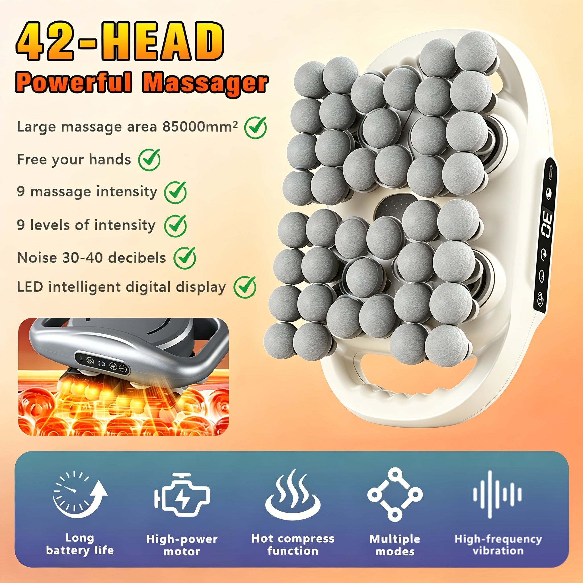 Masajeador multifuncional de 12/42 cabezales, masajeador eléctrico corporal, compresa caliente, relaja músculos, apto para cuello, hombros, espalda y piernas, 9 modos de ajuste, pistola masajeadora, apto para fitness en casa, deportes al aire libre, relaj
