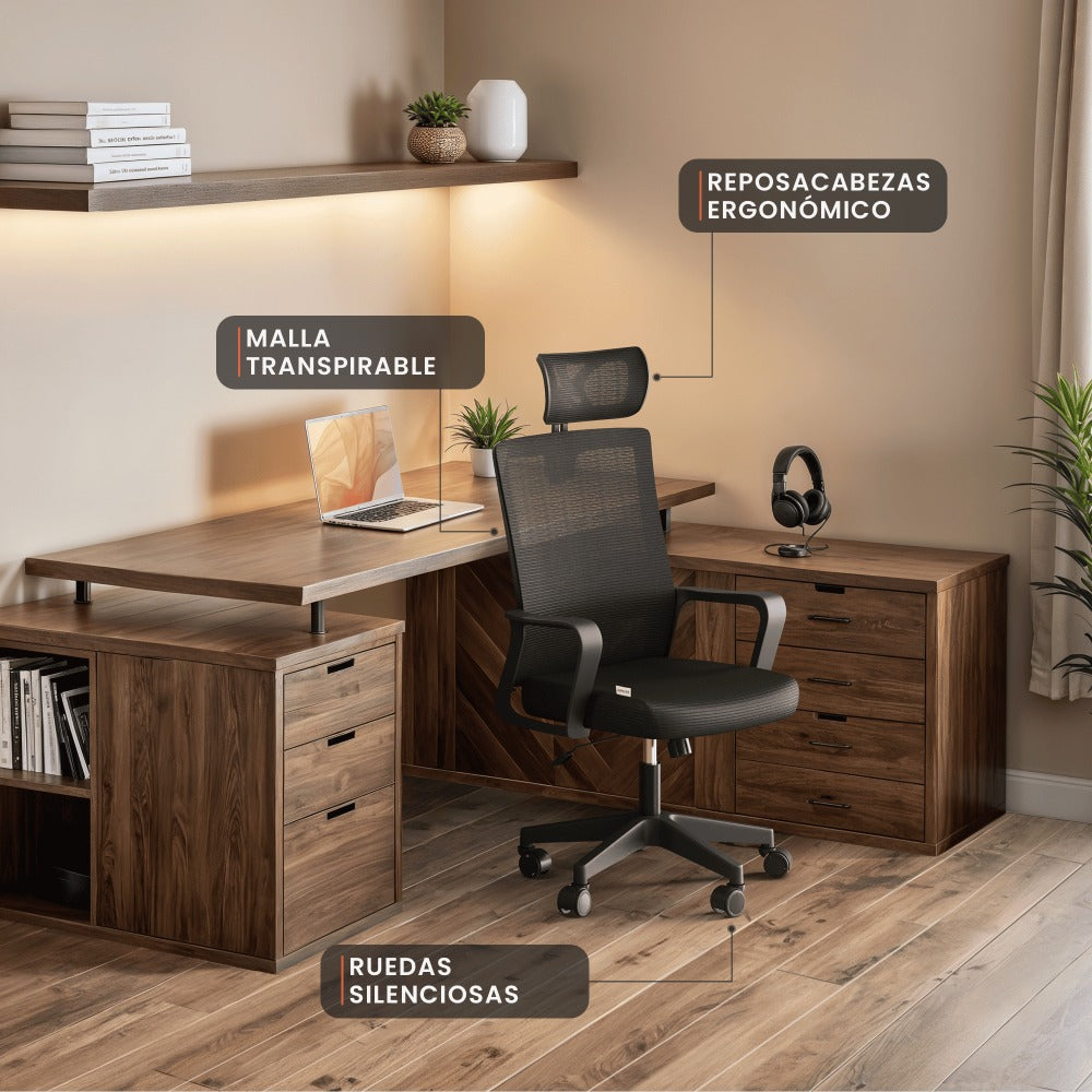 RELAXTY Silla de Oficina Ergonómica – Ajustable y Reclinable con Reposacabezas, Soporte Lumbar, Malla Transpirable y Ruedas 360° | Soporta Hasta 100 kg
