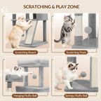 Fobyfurny Árbol para Gatos, Torre de 178cm para Gatos de Interior, Marco de Escalada para Gatos de Múltiples Niveles con Postes Rascadores, Tabla Rascadora, 2 Condominios Cómodos, 2 Perchas, Pompones, Lugar de Descanso