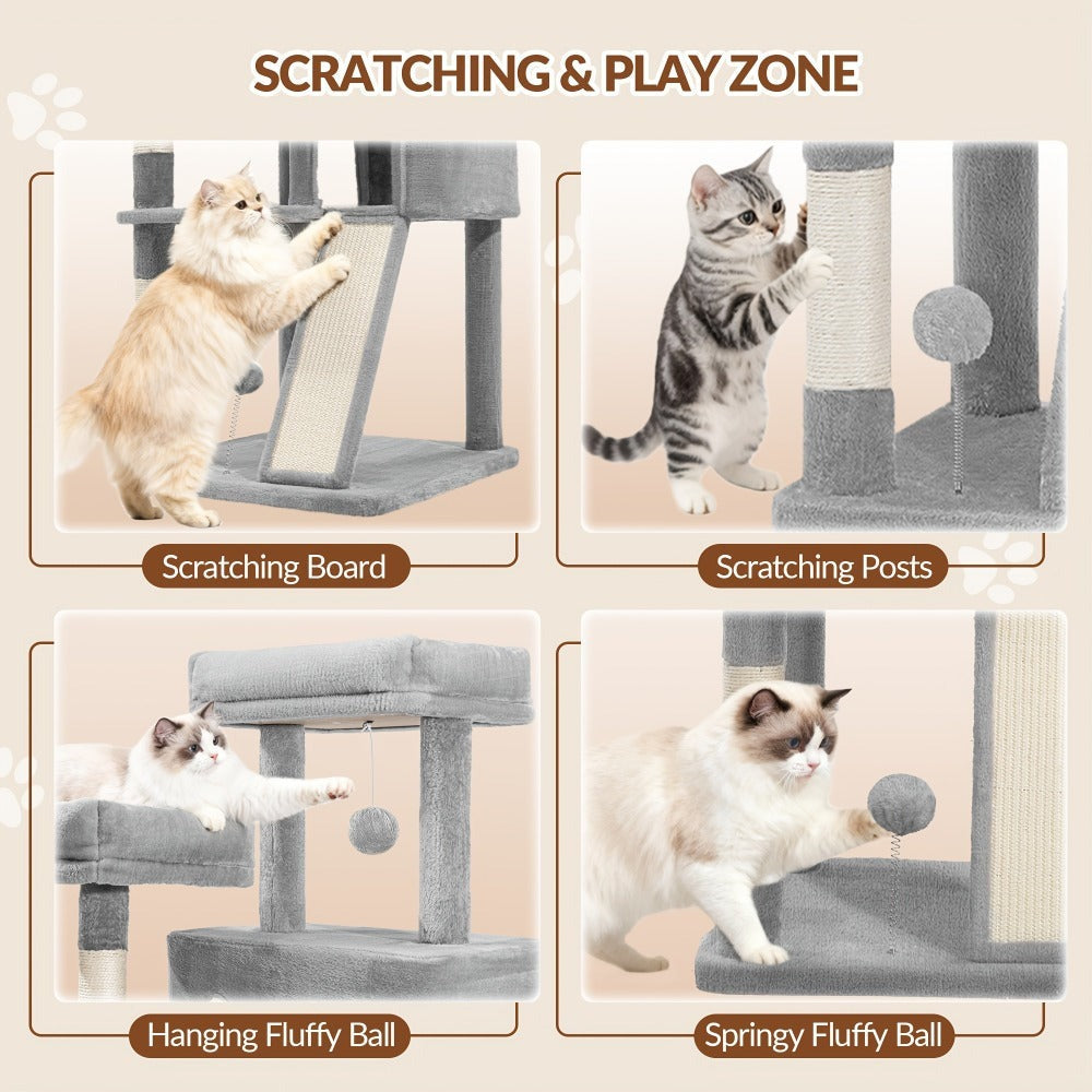 Fobyfurny Árbol para Gatos, Torre de 178cm para Gatos de Interior, Marco de Escalada para Gatos de Múltiples Niveles con Postes Rascadores, Tabla Rascadora, 2 Condominios Cómodos, 2 Perchas, Pompones, Lugar de Descanso
